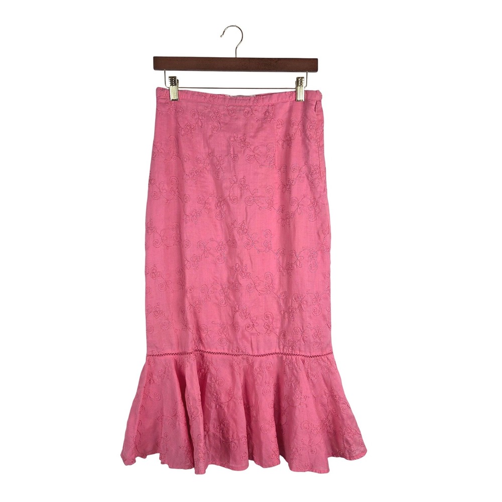 Vtg Giorgiana by Naji Pink Linen Embroidered Mermaid Midi Skirt M Retro Coquette
